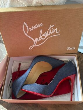 Christian Louboutin Denim Blue and Red Patent Stiletto Pumps